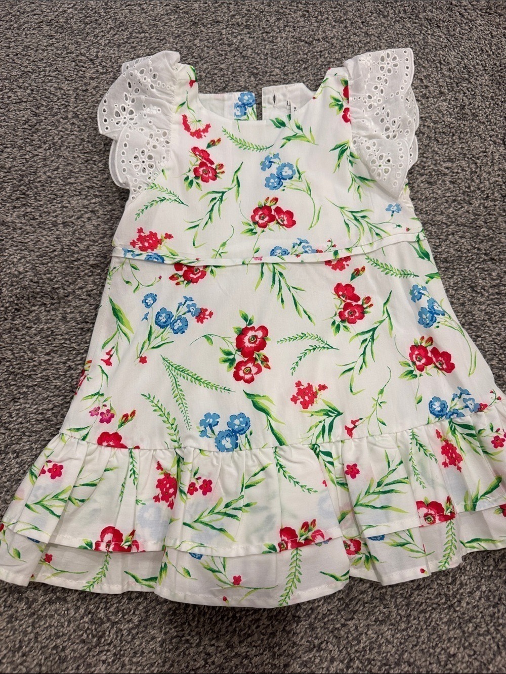 Janie and Jack White Floral Eyelet Sleeve Dress with Red and Blue Flowers - Picture 2 of 9